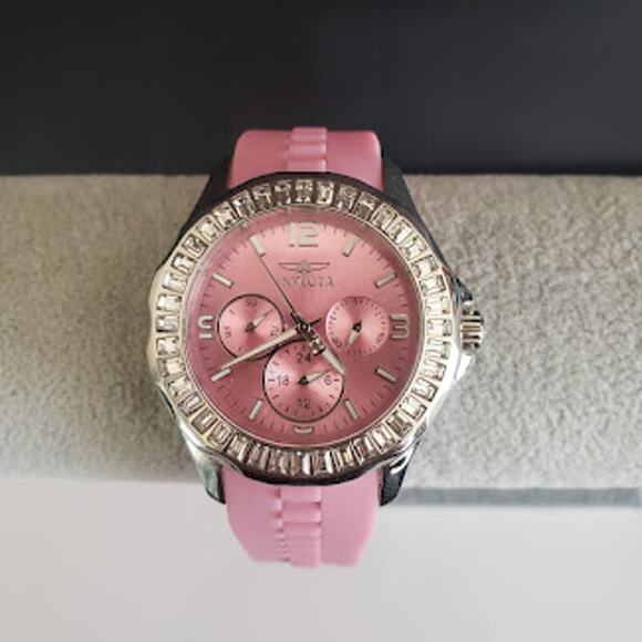 Invicta Angel‎ 22472 Womens Pink Dial Crystal Bezel Silicone Strap Watch 100M